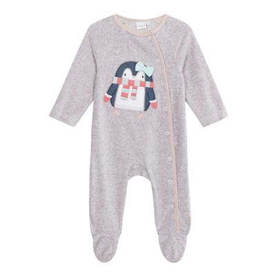 Baby girls' pink striped penguin applique sleepsuit